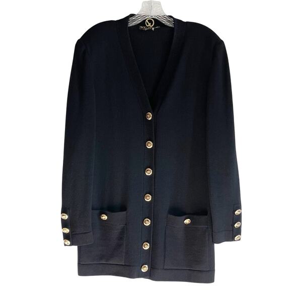 St. John Women’s Black Santana Knit Long V-Neck Button Front Cardigan - Picture 1 of 8